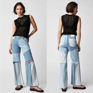 Free People DL1961 Ksenia Schnaider Zoie High Waist Wide Leg Patchwork Jeans 32